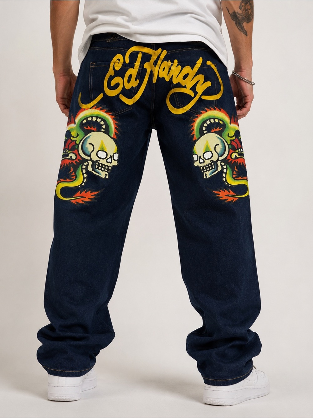 Ed Hardy Dark Blue Jeans with Yellow Script and Neon Skull Artwork